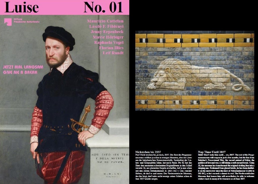 Vorder- und Rückseite des Magazins „Luise“, Ausgabe 01: links ein Männerporträt mit rosa Schrift, rechts ein liegender Löwe auf einer Ziegelwand.
