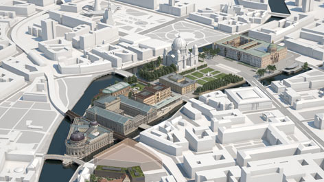 Simulation der zukünftigen Museumsinsel Berlin und des Humboldt-Forums (derzeit im Bau), Blick von Nordwesten Simulation der zukünftigen Museumsinsel Berlin und des Humboldt-Forums (derzeit im Bau), Blick von Nordwesten