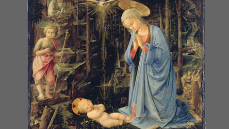 Fra Filippo Lippi, „Maria, das Kind verehrend" (Die Anbetung im Walde), um 1459 (Detail) Fra Filippo Lippi, „Maria, das Kind verehrend" (Die Anbetung im Walde), um 1459 (Detail)