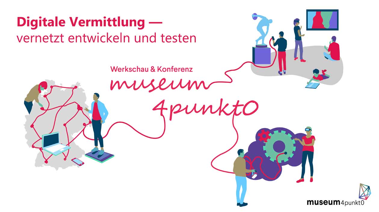Digitale Vermittlung – vernetzt entwickeln und testen! Grafik zur Konferenz "Digitale Vermittlung – vernetzt entwickeln und testen!" von museum4punkt0