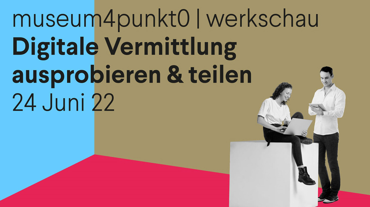 Werkschau museum4punkt0 Grafik mit Text, zwei Personen und bunten Farbflächen